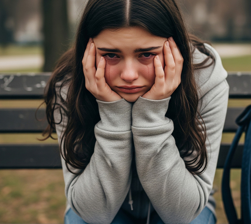 a young woman sitting on a park bench with a distressed expression resting her face on her hands showcasing feelings of sadness and concern related to emotional distress and mental health challenges 2 emotions 2 expressions
